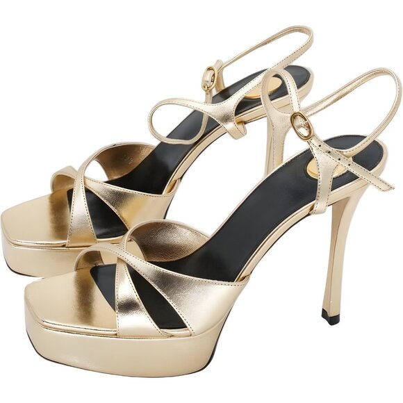 Saint Laurent Debbie Metallic Gold Platform Sandals 85mm Women's EU 39.5 - Picture 2 of 6